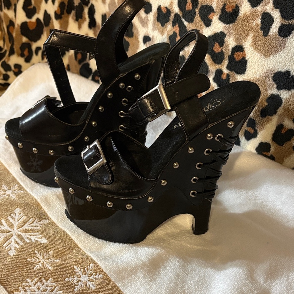 Pleaser Black Platform Sandals with Silver Accents